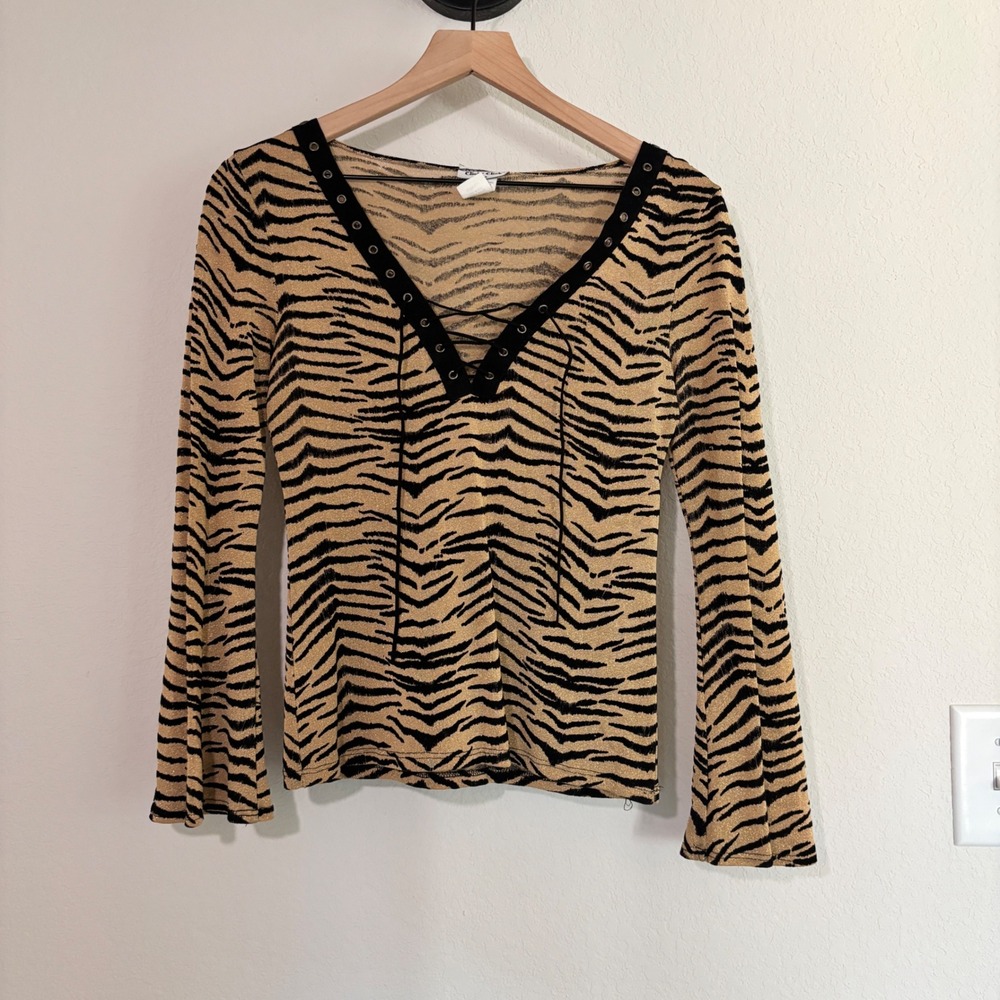 Click Click Top Vintage S Tiger Print Lace Up Bell Sleeve Gold Tan Y2K Grunge
